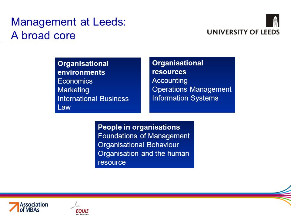 Management at Leeds: A broad core Organisational environments Economics Marketing International Business Law Organisational resources Accounting Operations Management Information Systems People in organisations Foundations of Management Organisational Behaviour Organisation and the human resource