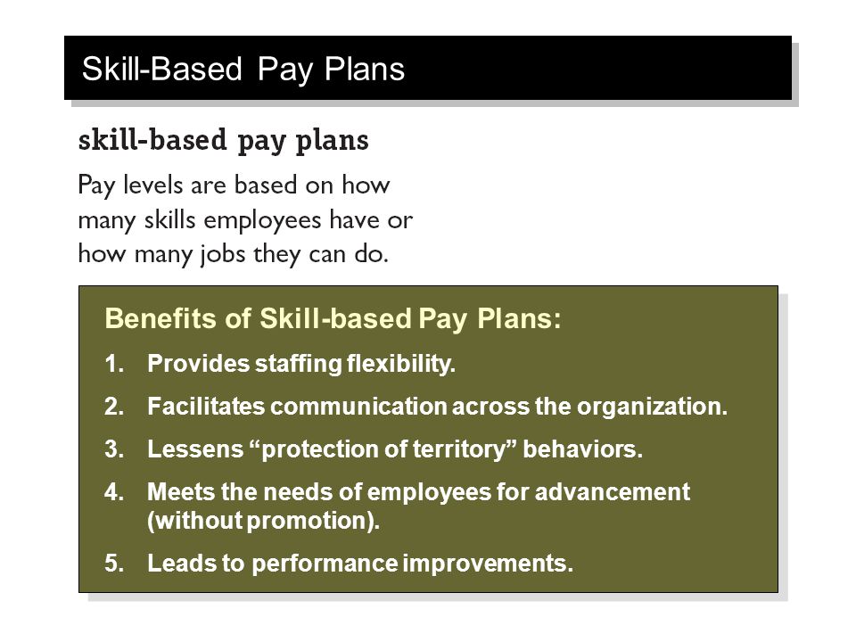 Skill-Based Pay Plans Benefits of Skill-based Pay Plans: 1.Provides staffing flexibility.