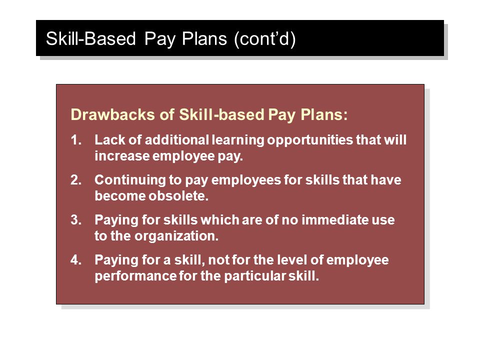 Skill-Based Pay Plans (cont’d) Drawbacks of Skill-based Pay Plans: 1.Lack of additional learning opportunities that will increase employee pay.