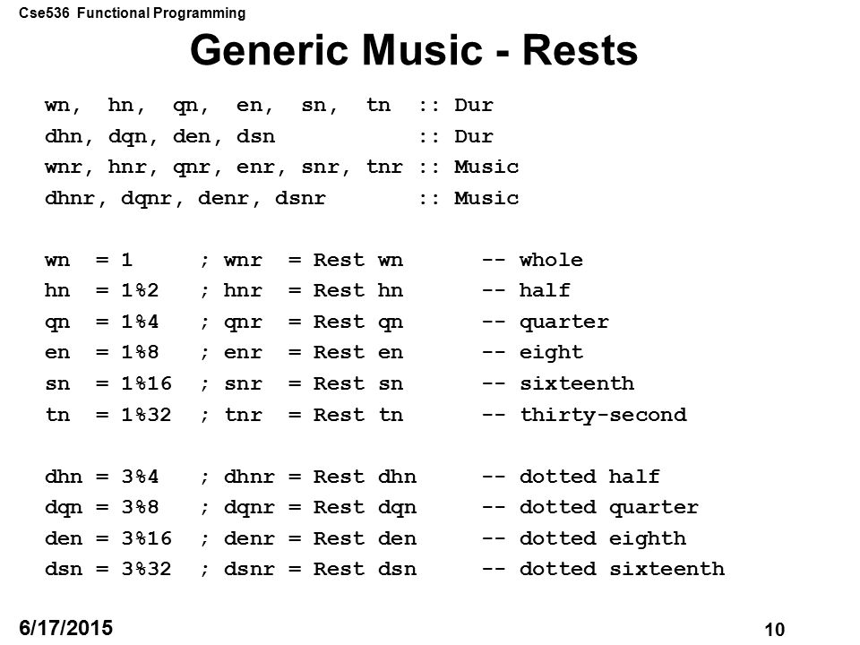 Cse536 Functional Programming 9 6/17/2015 Generic Music - Notes cf,c,cs,df,d,ds,ef,e,es,ff,f,fs,gf,g,gs,af,a,as,bf,b,bs :: Octave -> Dur -> Music cf o = Note(Cf,o); c o = Note(C,o); cs o = Note(Cs,o) df o = Note(Df,o); d o = Note(D,o); ds o = Note(Ds,o) ef o = Note(Ef,o); e o = Note(E,o); es o = Note(Es,o) ff o = Note(Ff,o); f o = Note(F,o); fs o = Note(Fs,o) gf o = Note(Gf,o); g o = Note(G,o); gs o = Note(Gs,o) af o = Note(Af,o); a o = Note(A,o); as o = Note(As,o) bf o = Note(Bf,o); b o = Note(B,o); bs o = Note(Bs,o) Given an Octave creates a function from Dur to Music in that octave.