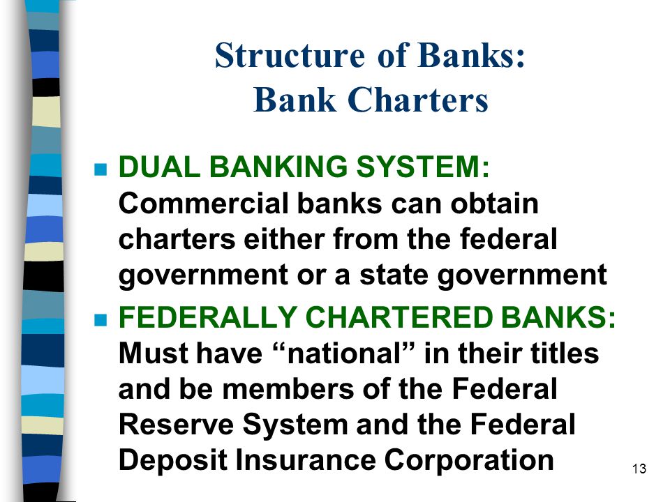 13 Structure of Banks: Bank Charters n DUAL BANKING SYSTEM: Commercial banks can obtain charters either from the federal government or a state government n FEDERALLY CHARTERED BANKS: Must have national in their titles and be members of the Federal Reserve System and the Federal Deposit Insurance Corporation