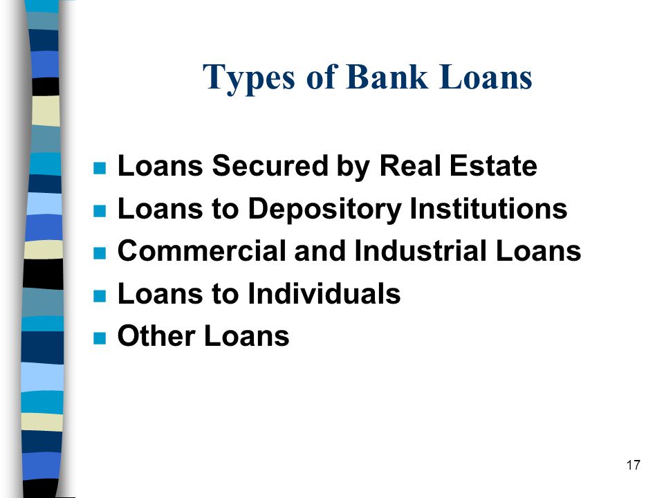 17 Types of Bank Loans n Loans Secured by Real Estate n Loans to Depository Institutions n Commercial and Industrial Loans n Loans to Individuals n Other Loans