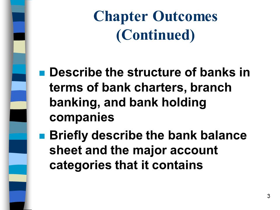 3 Chapter Outcomes (Continued) n Describe the structure of banks in terms of bank charters, branch banking, and bank holding companies n Briefly describe the bank balance sheet and the major account categories that it contains