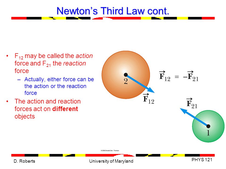D. Roberts PHYS 121 University of Maryland Newton’s Third Law cont.