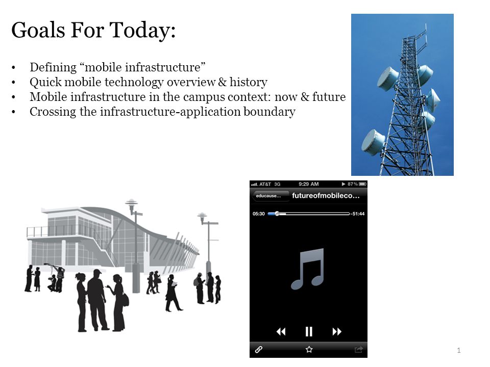 Goals For Today: 1 Defining mobile infrastructure Quick mobile technology overview & history Mobile infrastructure in the campus context: now & future Crossing the infrastructure-application boundary