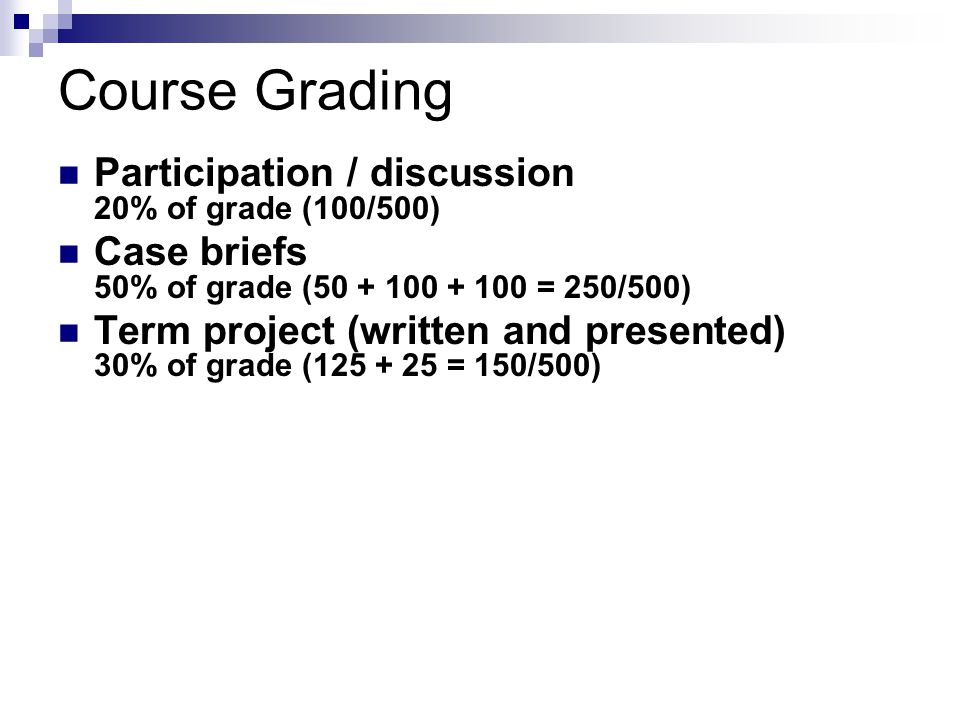 Course Grading Participation / discussion 20% of grade (100/500) Case briefs 50% of grade ( = 250/500) Term project (written and presented) 30% of grade ( = 150/500)