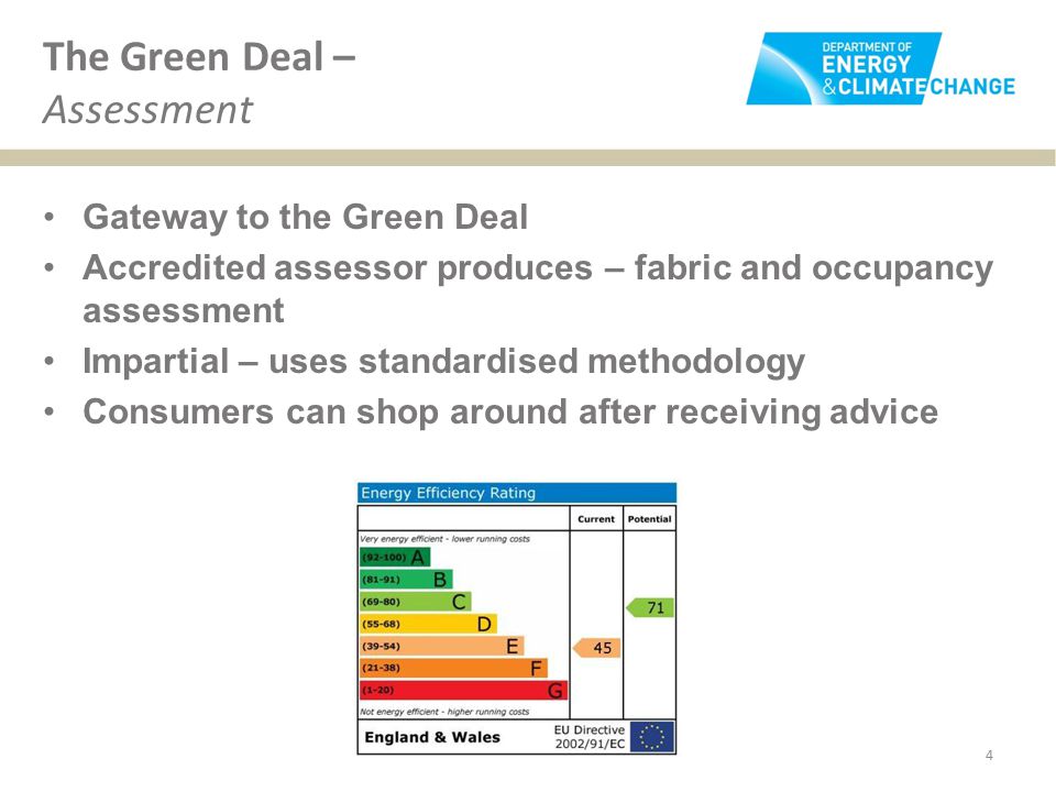 The Green Deal – Assessment Gateway to the Green Deal Accredited assessor produces – fabric and occupancy assessment Impartial – uses standardised methodology Consumers can shop around after receiving advice 4