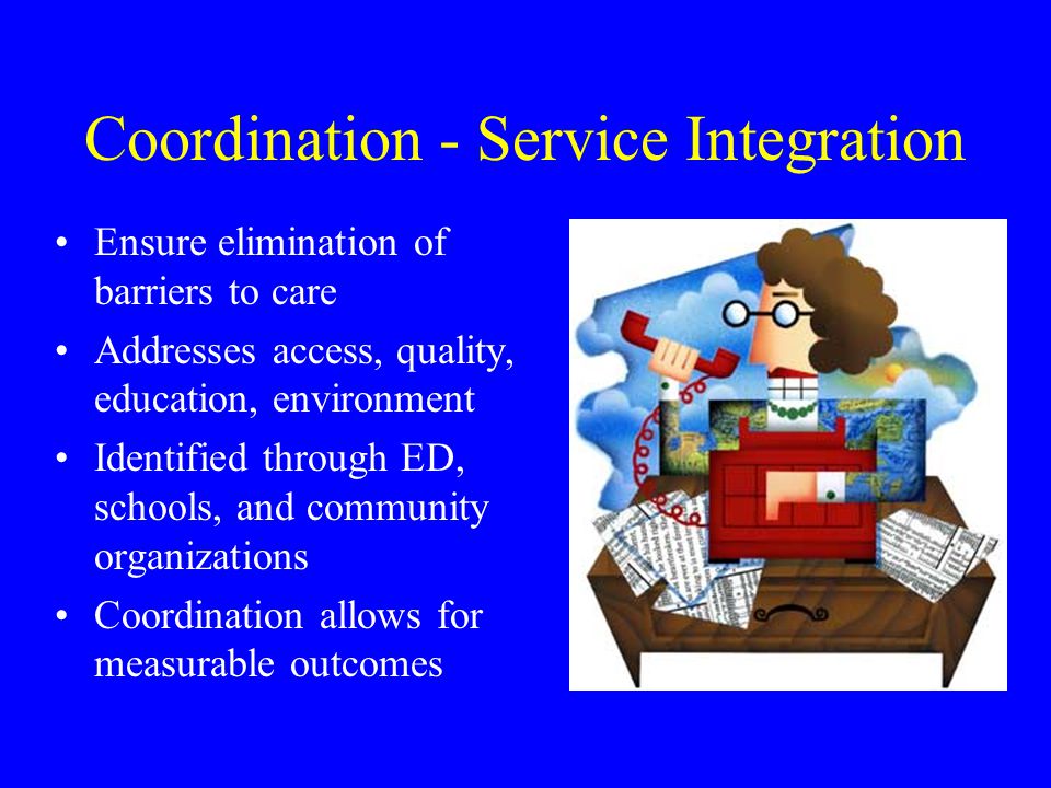 Service Integration Definition - Coordination of access to comprehensive asthma related services for the target audience population Goal - To facilitate linkages among systems that deliver and monitor healthcare to children with asthma