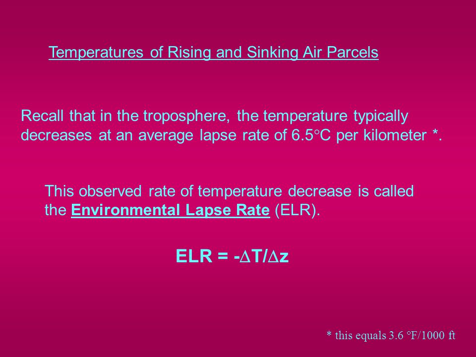 Temperatures of Rising and Sinking Air Parcels Recall that in the troposphere, the temperature typically decreases at an average lapse rate of 6.5  C per kilometer *.