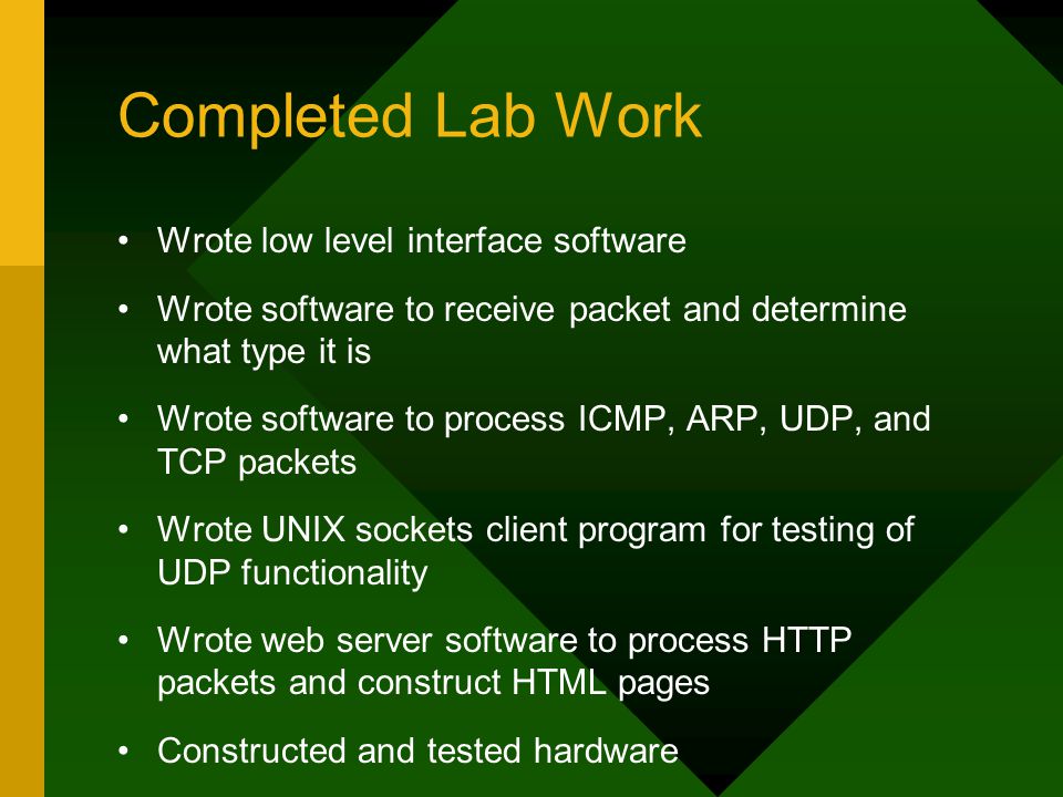 Completed Lab Work Wrote low level interface software Wrote software to receive packet and determine what type it is Wrote software to process ICMP, ARP, UDP, and TCP packets Wrote UNIX sockets client program for testing of UDP functionality Wrote web server software to process HTTP packets and construct HTML pages Constructed and tested hardware