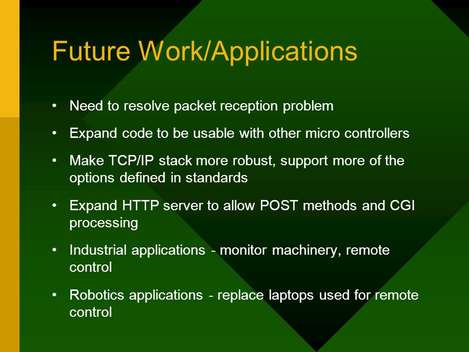 Future Work/Applications Need to resolve packet reception problem Expand code to be usable with other micro controllers Make TCP/IP stack more robust, support more of the options defined in standards Expand HTTP server to allow POST methods and CGI processing Industrial applications - monitor machinery, remote control Robotics applications - replace laptops used for remote control