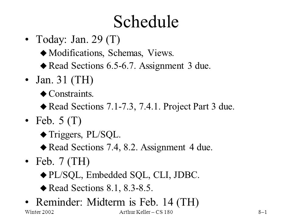 Winter 2002Arthur Keller – CS 1808–1 Schedule Today: Jan.