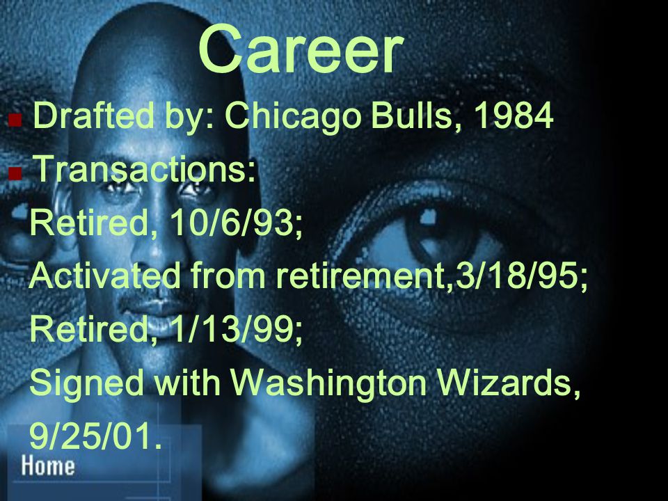 Career Drafted by: Chicago Bulls, 1984 Transactions: Retired, 10/6/93; Activated from retirement,3/18/95; Retired, 1/13/99; Signed with Washington Wizards, 9/25/01.