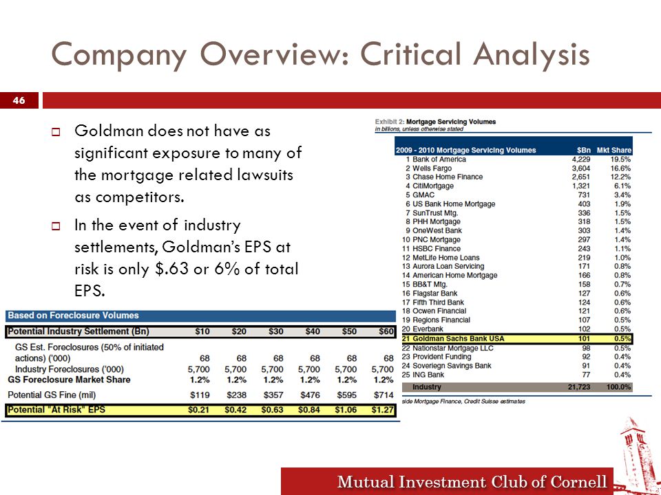 Mutual Investment Club of Cornell Company Overview: Critical Analysis  Goldman does not have as significant exposure to many of the mortgage related lawsuits as competitors.