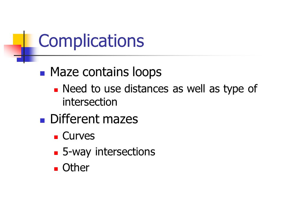 Map construction On each landmark update graph Remember Type of landmark Current location Use depth first search to explore Initially simple mazes, later on more complex ones.