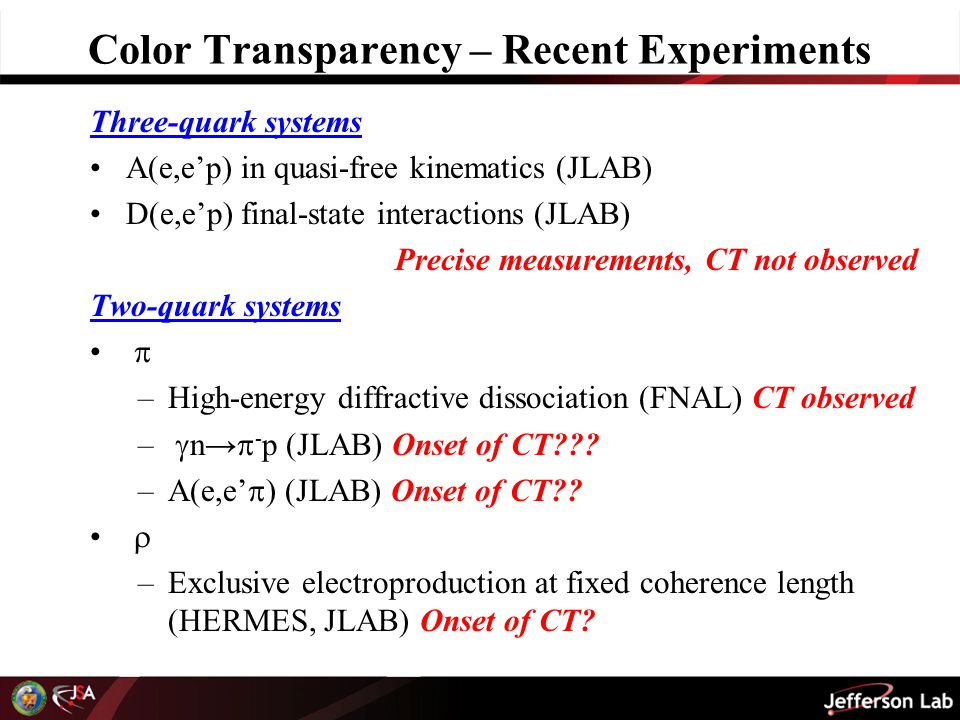 Color Transparency – Recent Experiments Three-quark systems A(e,e’p) in quasi-free kinematics (JLAB) D(e,e’p) final-state interactions (JLAB) Precise measurements, CT not observed Two-quark systems  –High-energy diffractive dissociation (FNAL) CT observed –  n→  - p (JLAB) Onset of CT .