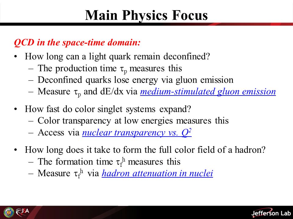 Main Physics Focus QCD in the space-time domain: How long can a light quark remain deconfined.