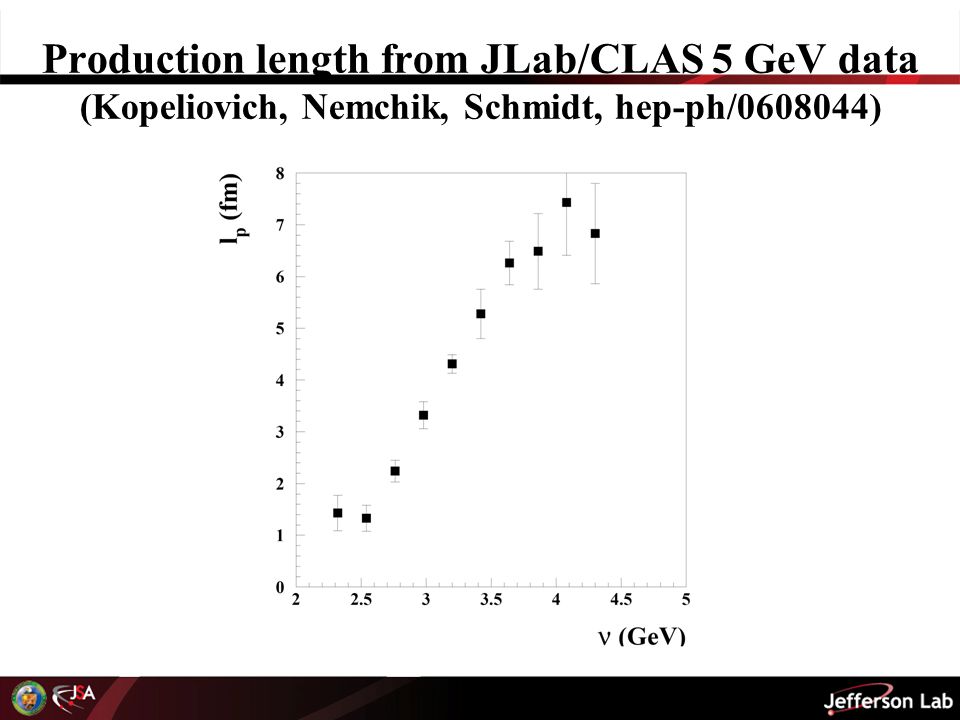 Production length from JLab/CLAS 5 GeV data (Kopeliovich, Nemchik, Schmidt, hep-ph/ )