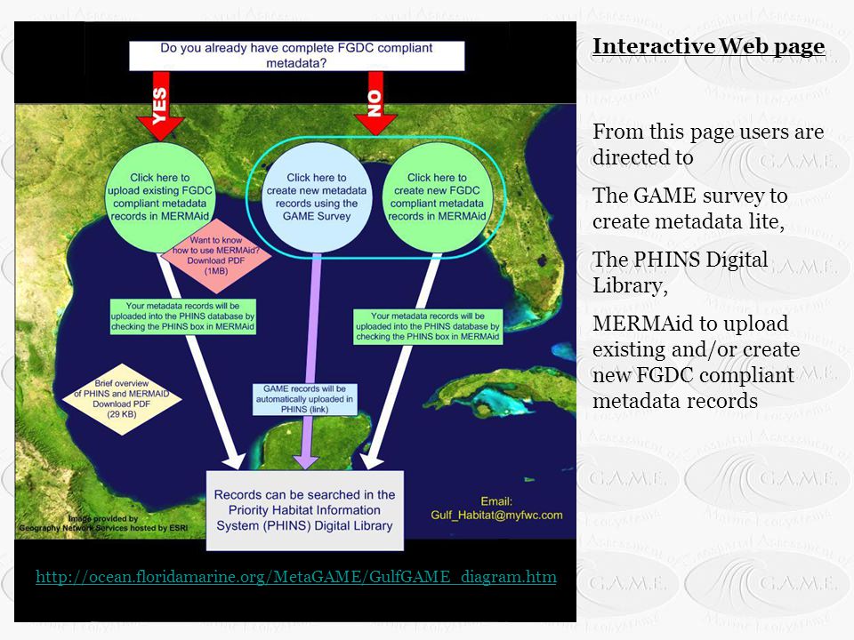 Interactive Web page From this page users are directed to The GAME survey to create metadata lite, The PHINS Digital Library, MERMAid to upload existing and/or create new FGDC compliant metadata records