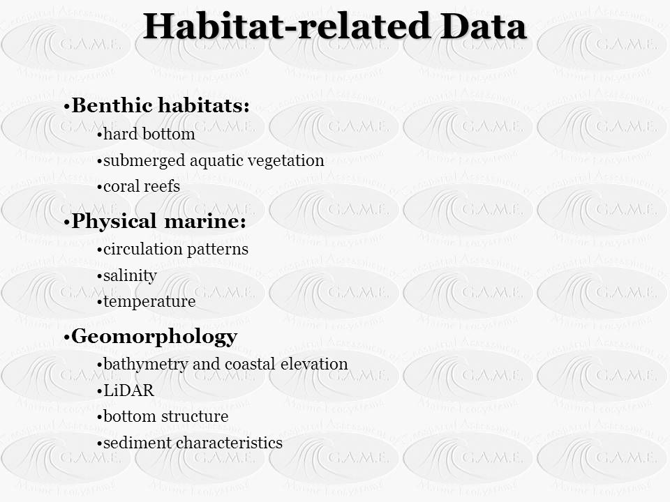 Habitat-related Data Benthic habitats: hard bottom submerged aquatic vegetation coral reefs Physical marine: circulation patterns salinity temperature Geomorphology bathymetry and coastal elevation LiDAR bottom structure sediment characteristics
