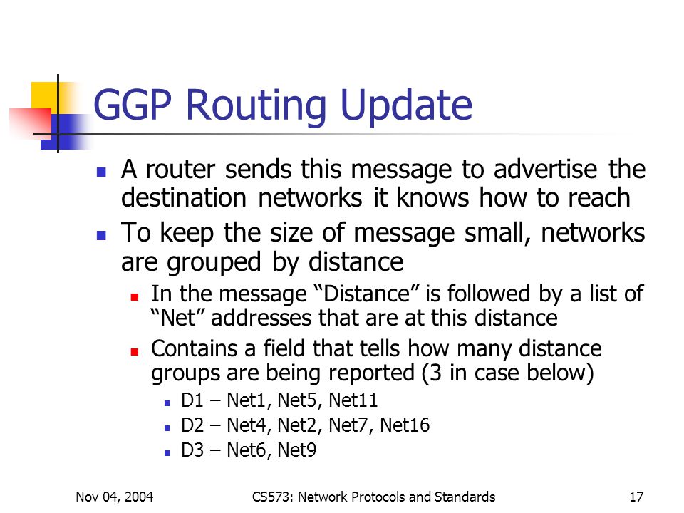 Nov 04, 2004CS573: Network Protocols and Standards17 GGP Routing Update A router sends this message to advertise the destination networks it knows how to reach To keep the size of message small, networks are grouped by distance In the message Distance is followed by a list of Net addresses that are at this distance Contains a field that tells how many distance groups are being reported (3 in case below) D1 – Net1, Net5, Net11 D2 – Net4, Net2, Net7, Net16 D3 – Net6, Net9