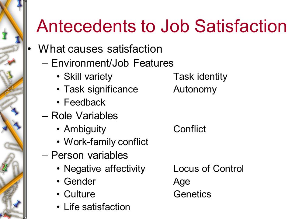 Antecedents to Job Satisfaction What causes satisfaction –Environment/Job Features Skill varietyTask identity Task significanceAutonomy Feedback –Role Variables AmbiguityConflict Work-family conflict –Person variables Negative affectivityLocus of Control GenderAge CultureGenetics Life satisfaction