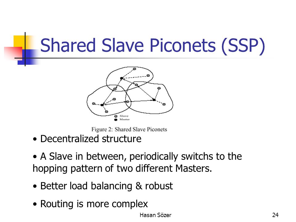 Hasan Sözer24 Shared Slave Piconets (SSP) Decentralized structure A Slave in between, periodically switchs to the hopping pattern of two different Masters.