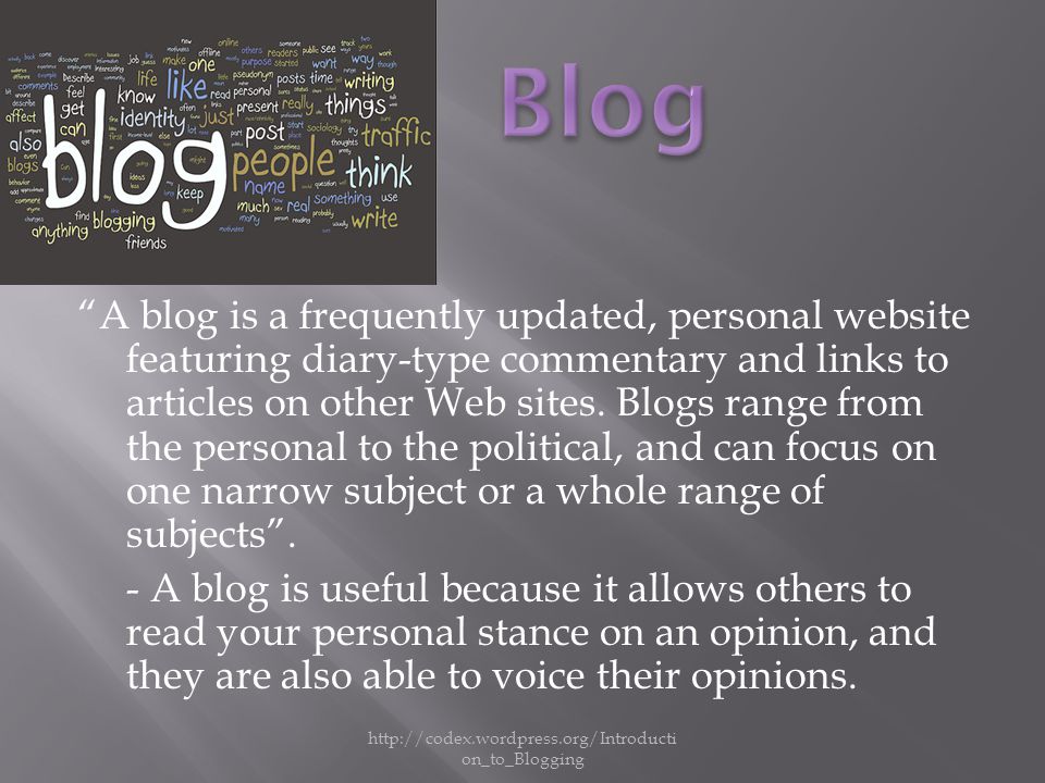 A blog is a frequently updated, personal website featuring diary-type commentary and links to articles on other Web sites.