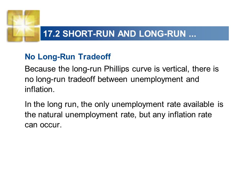 No Long-Run Tradeoff Because the long-run Phillips curve is vertical, there is no long-run tradeoff between unemployment and inflation.