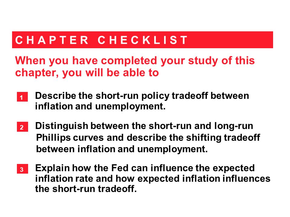 When you have completed your study of this chapter, you will be able to C H A P T E R C H E C K L I S T Describe the short-run policy tradeoff between inflation and unemployment.