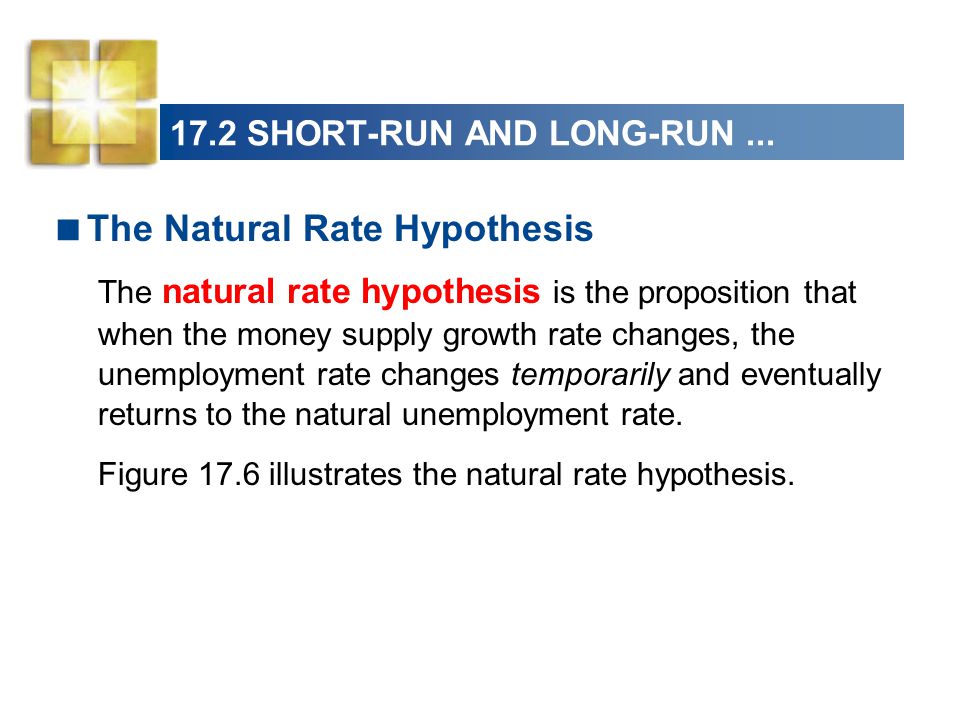  The Natural Rate Hypothesis The natural rate hypothesis is the proposition that when the money supply growth rate changes, the unemployment rate changes temporarily and eventually returns to the natural unemployment rate.