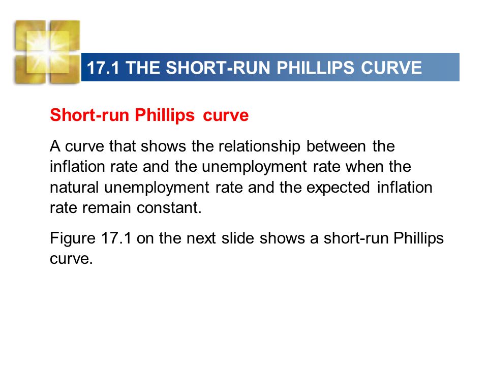 17.1 THE SHORT-RUN PHILLIPS CURVE Short-run Phillips curve A curve that shows the relationship between the inflation rate and the unemployment rate when the natural unemployment rate and the expected inflation rate remain constant.