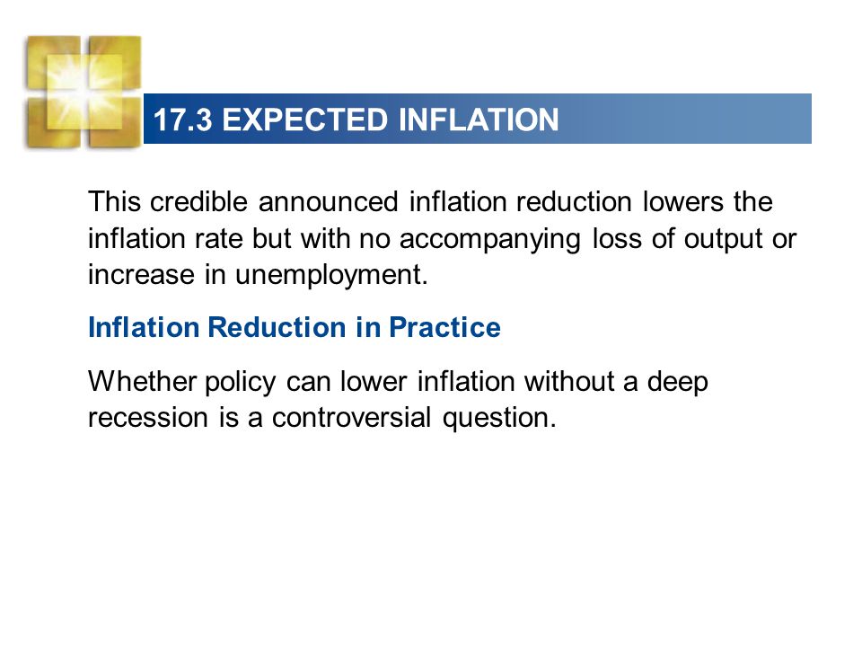 17.3 EXPECTED INFLATION This credible announced inflation reduction lowers the inflation rate but with no accompanying loss of output or increase in unemployment.
