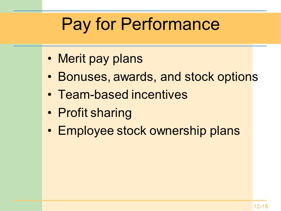 12-16 Pay for Performance Merit pay plans Bonuses, awards, and stock options Team-based incentives Profit sharing Employee stock ownership plans
