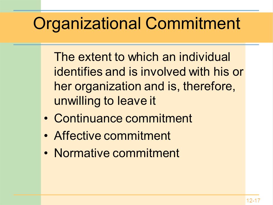 12-17 Organizational Commitment The extent to which an individual identifies and is involved with his or her organization and is, therefore, unwilling to leave it Continuance commitment Affective commitment Normative commitment