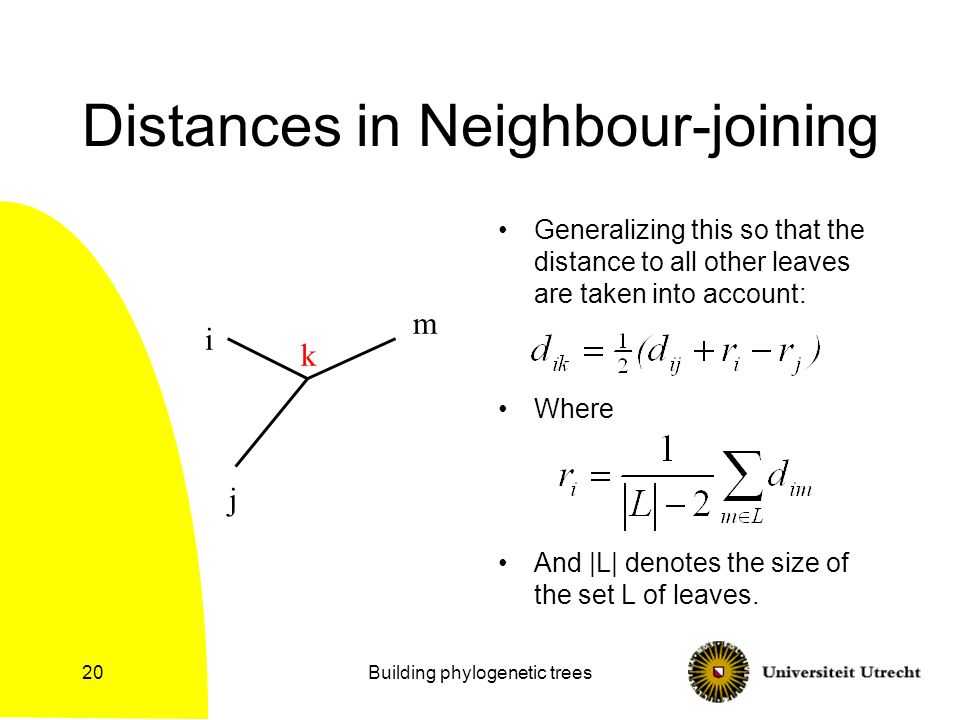 Building phylogenetic trees20 Distances in Neighbour-joining Generalizing this so that the distance to all other leaves are taken into account: Where And |L| denotes the size of the set L of leaves.
