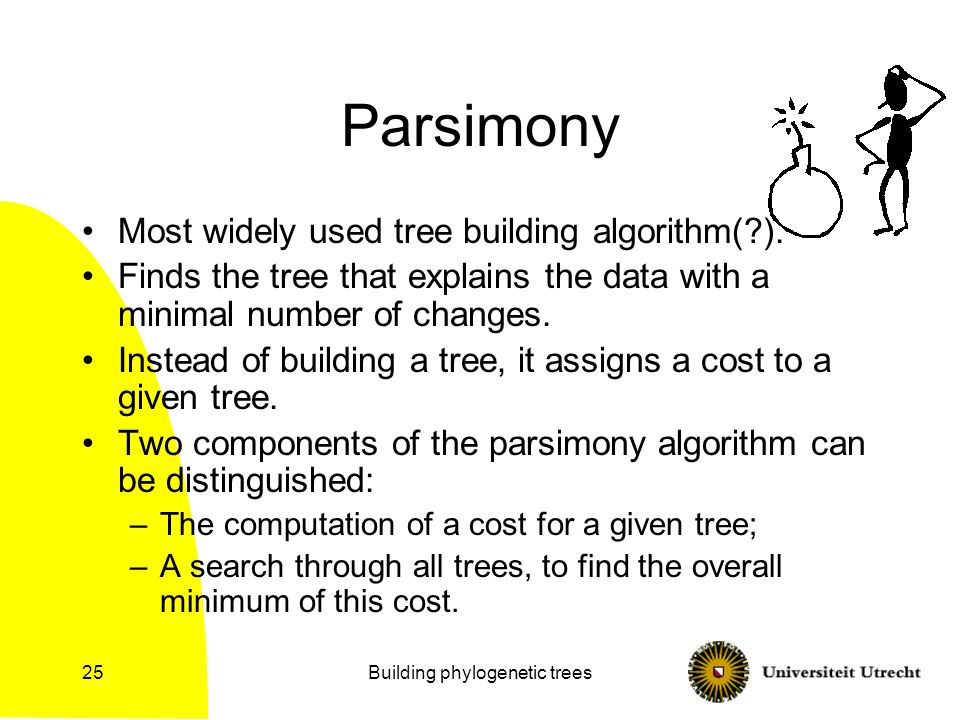Building phylogenetic trees25 Parsimony Most widely used tree building algorithm( ).