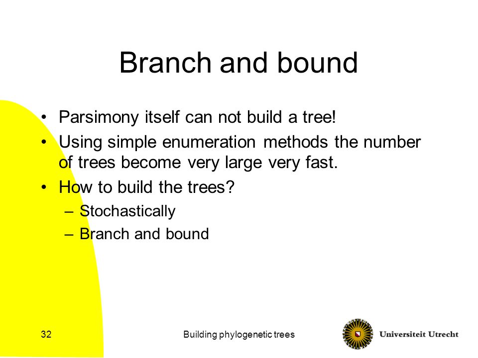 Building phylogenetic trees32 Branch and bound Parsimony itself can not build a tree.