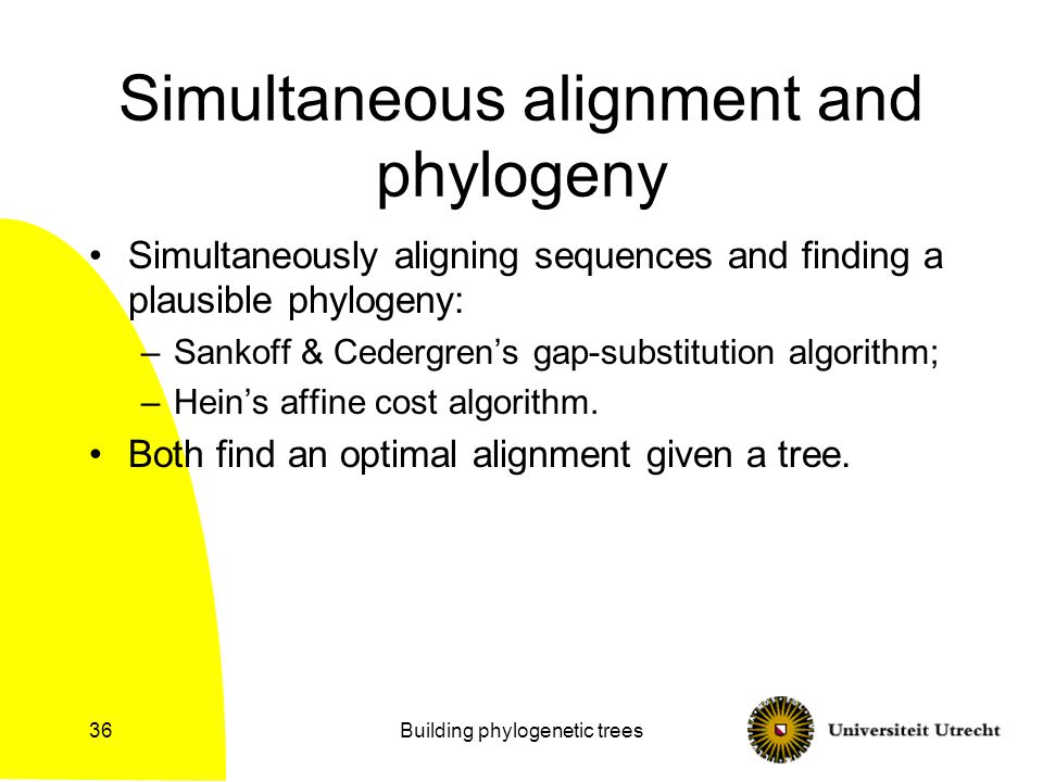 Building phylogenetic trees36 Simultaneous alignment and phylogeny Simultaneously aligning sequences and finding a plausible phylogeny: –Sankoff & Cedergren’s gap-substitution algorithm; –Hein’s affine cost algorithm.