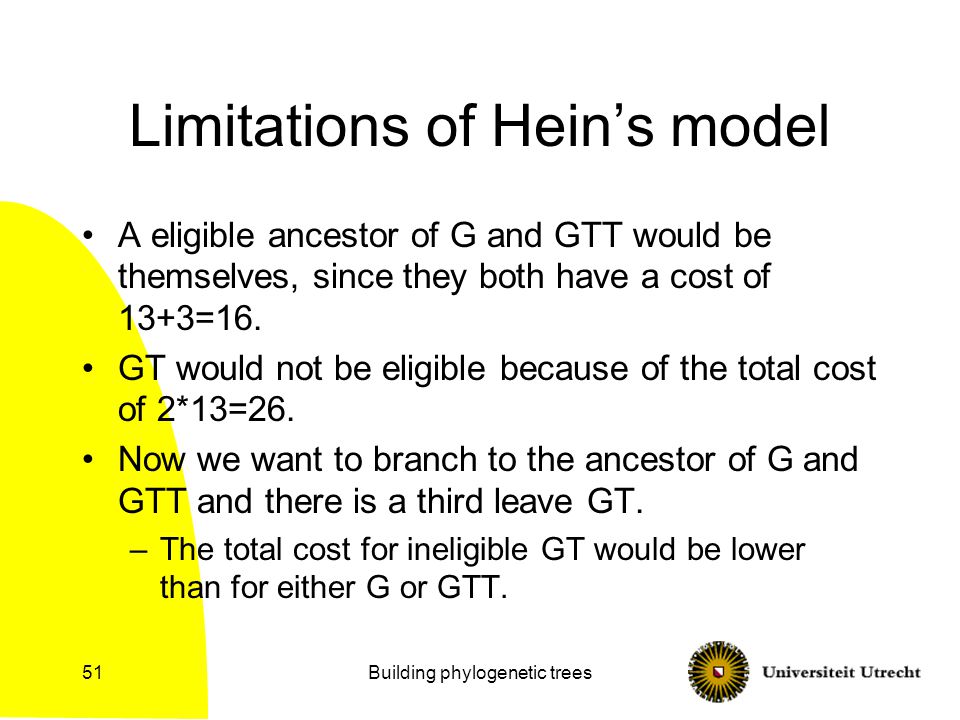 Building phylogenetic trees51 Limitations of Hein’s model A eligible ancestor of G and GTT would be themselves, since they both have a cost of 13+3=16.