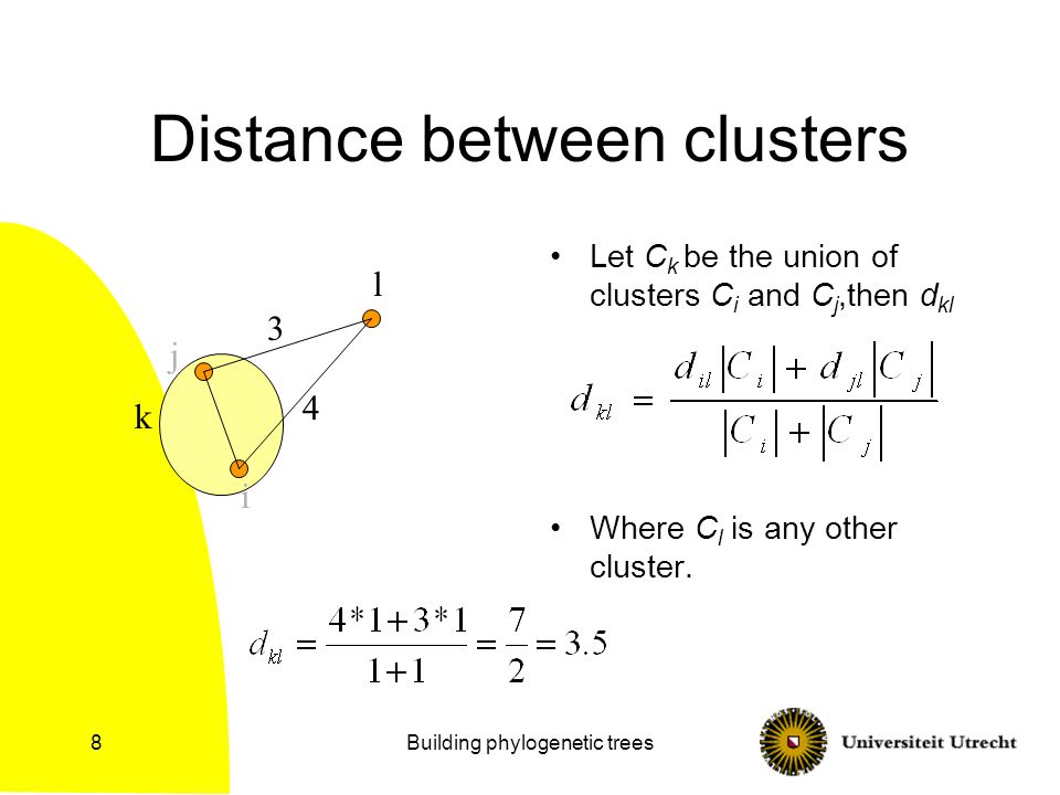 Building phylogenetic trees8 Distance between clusters Let C k be the union of clusters C i and C j,then d kl Where C l is any other cluster.
