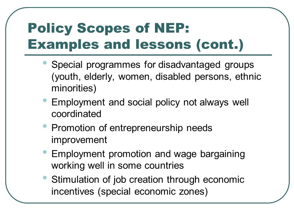 Policy Scopes of NEP: Examples and lessons (cont.) Special programmes for disadvantaged groups (youth, elderly, women, disabled persons, ethnic minorities) Employment and social policy not always well coordinated Promotion of entrepreneurship needs improvement Employment promotion and wage bargaining working well in some countries Stimulation of job creation through economic incentives (special economic zones)