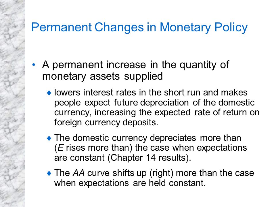 Permanent Changes in Monetary Policy A permanent increase in the quantity of monetary assets supplied  lowers interest rates in the short run and makes people expect future depreciation of the domestic currency, increasing the expected rate of return on foreign currency deposits.
