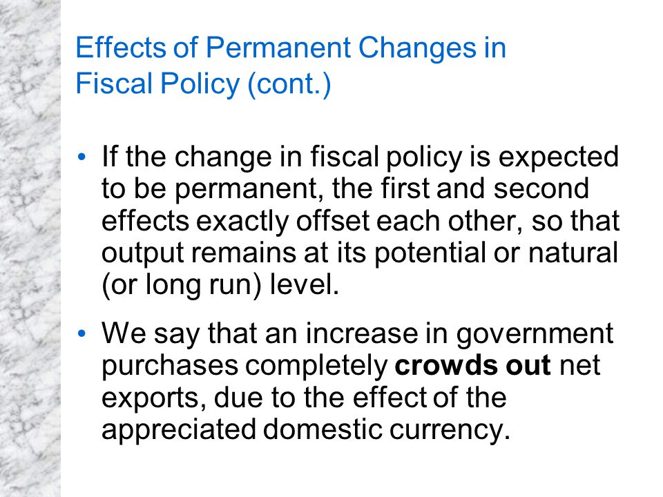 Effects of Permanent Changes in Fiscal Policy (cont.) If the change in fiscal policy is expected to be permanent, the first and second effects exactly offset each other, so that output remains at its potential or natural (or long run) level.