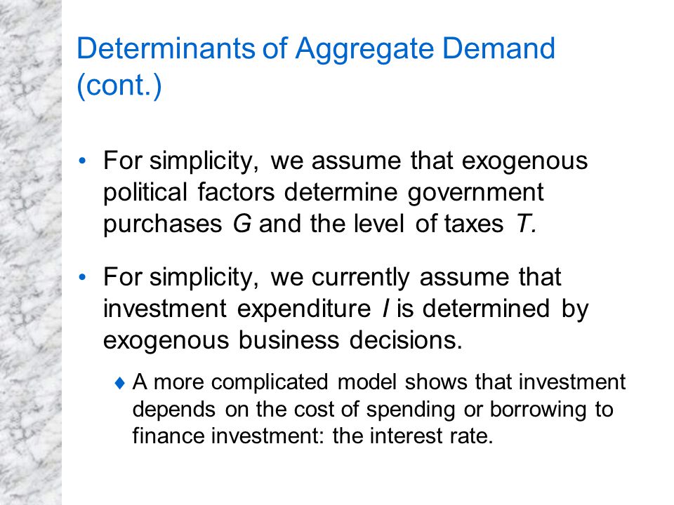 Determinants of Aggregate Demand (cont.) For simplicity, we assume that exogenous political factors determine government purchases G and the level of taxes T.