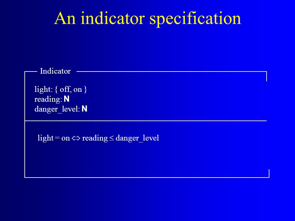 An indicator specification Indicator light: { off, on } reading: N danger_level: N light = on  reading  danger_level