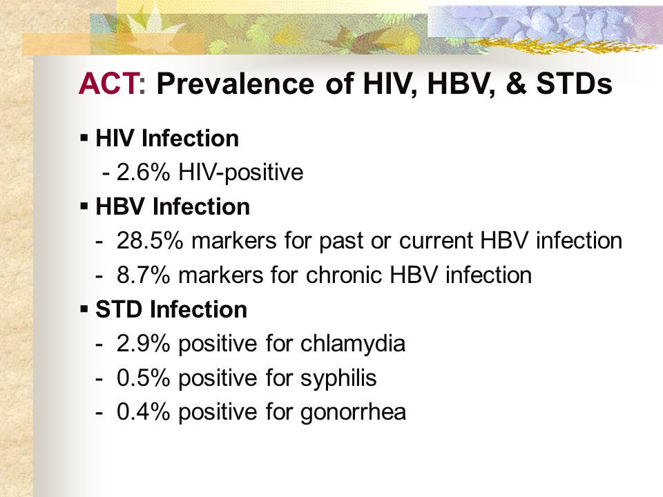 ACT: Prevalence of HIV, HBV, & STDs  HIV Infection - 2.6% HIV-positive  HBV Infection % markers for past or current HBV infection - 8.7% markers for chronic HBV infection  STD Infection - 2.9% positive for chlamydia - 0.5% positive for syphilis - 0.4% positive for gonorrhea