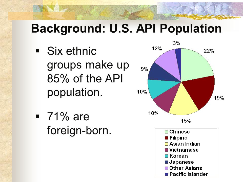 Background: U.S. API Population  Six ethnic groups make up 85% of the API population.