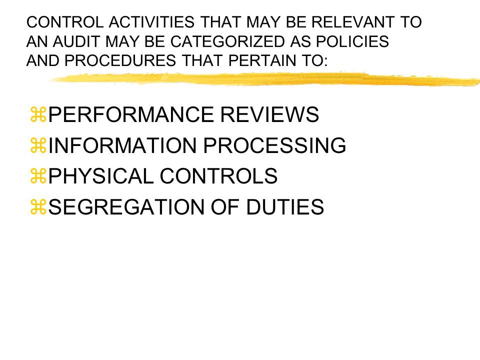 CONTROL ACTIVITIES THAT MAY BE RELEVANT TO AN AUDIT MAY BE CATEGORIZED AS POLICIES AND PROCEDURES THAT PERTAIN TO:  PERFORMANCE REVIEWS  INFORMATION PROCESSING  PHYSICAL CONTROLS  SEGREGATION OF DUTIES