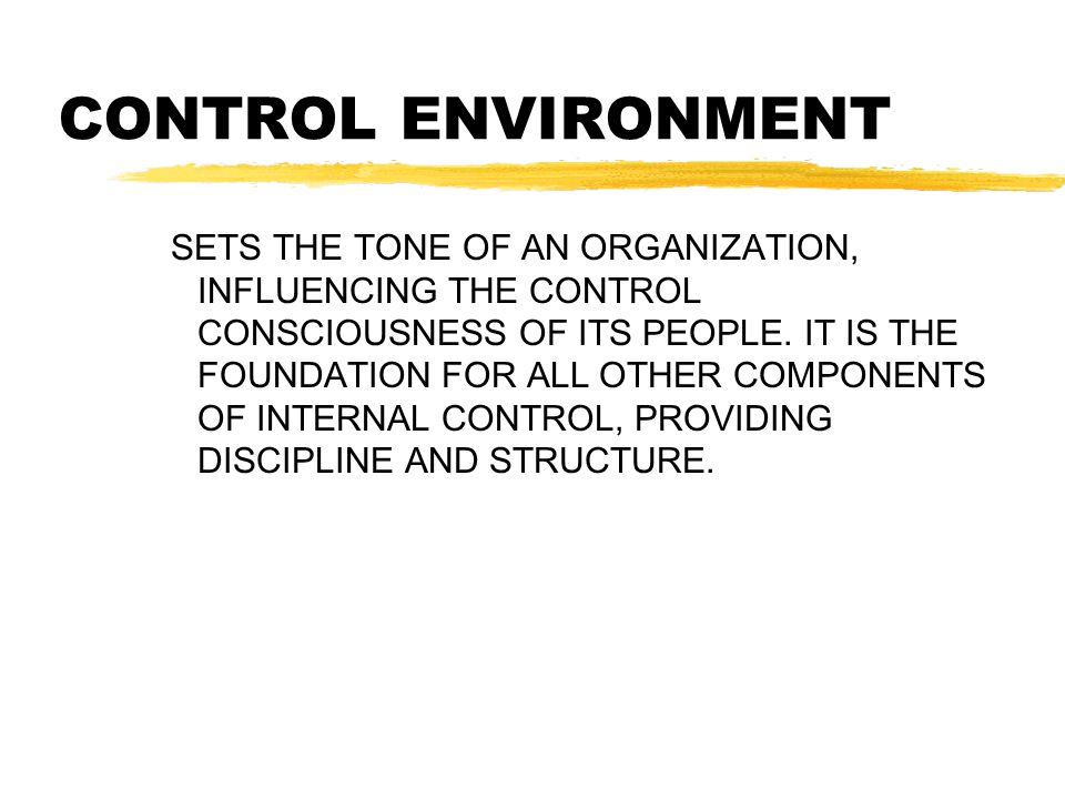CONTROL ENVIRONMENT SETS THE TONE OF AN ORGANIZATION, INFLUENCING THE CONTROL CONSCIOUSNESS OF ITS PEOPLE.